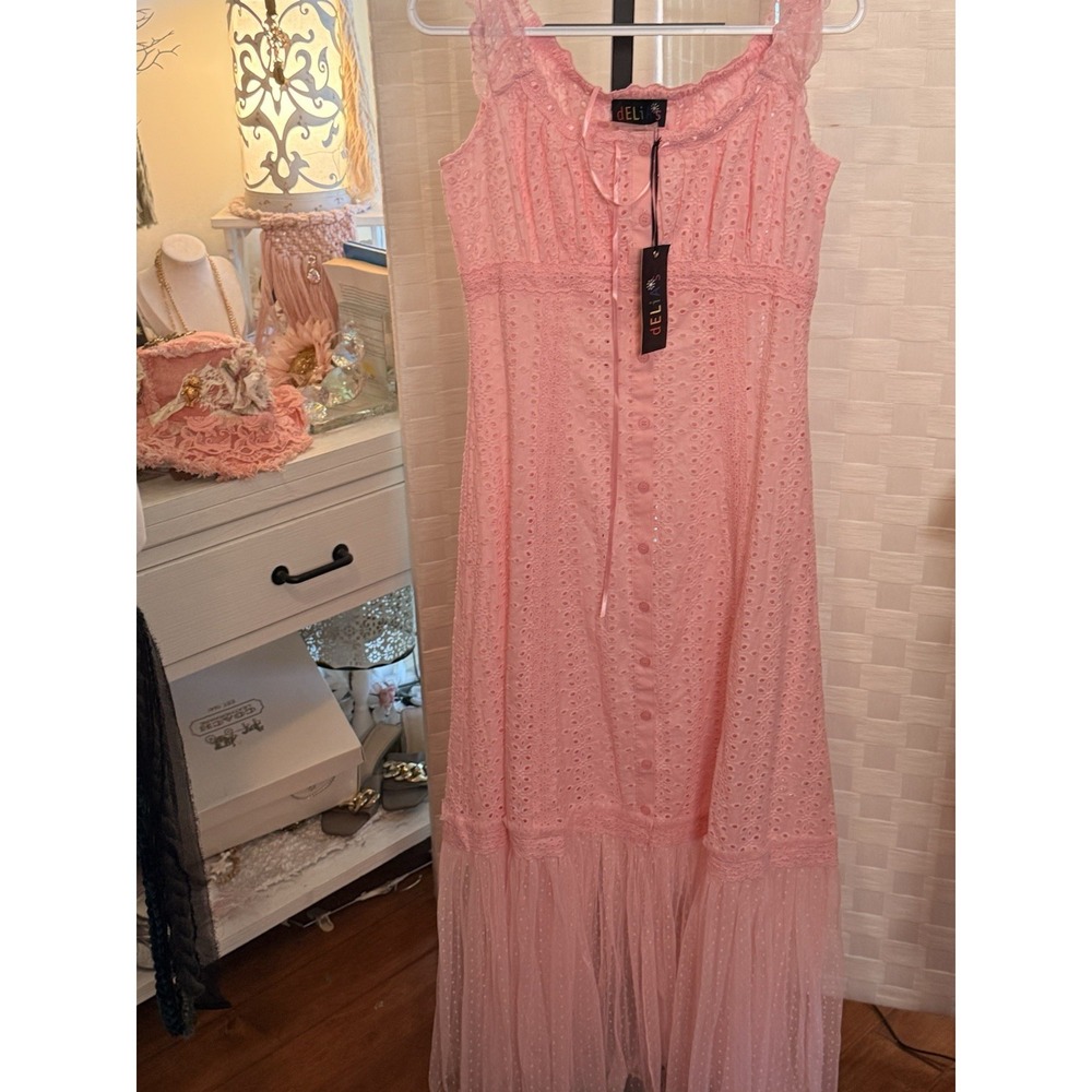 Delia's Dolls Kill Junebug Feels Eyelet Maxi Dress Pink NWT Barbie Cottagecore - Picture 5 of 6